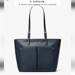 Michael Kors Jet Set Travel MD Non-Leather Vegan Double Pocket Tote Bag (Navy)